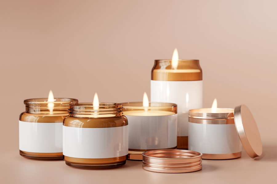 Several lit soy candles in amber and white glass jars
