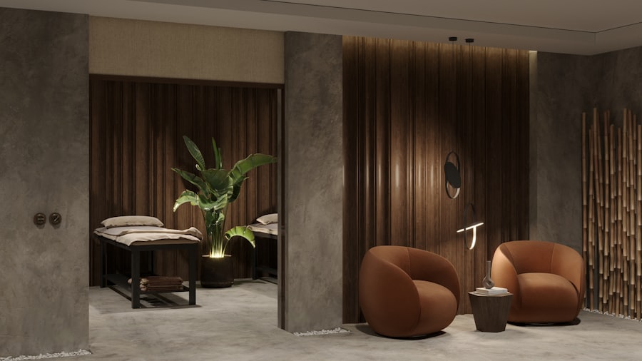 LUMI's consult area: two low chairs facing each other, treatment beds screened off behind, warm wood and low light