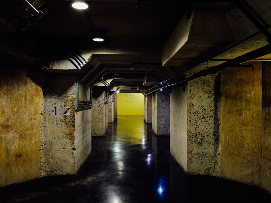 Room Tone: a long concrete service corridor, damp and unpainted, ending in a flat wall of sodium-yellow light.