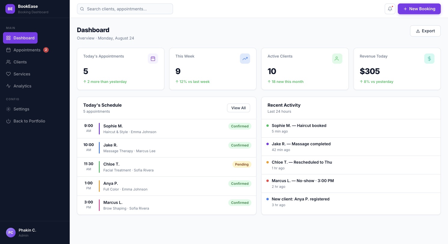 ภาพหน้าจอ BookEase Dashboard บนเดสก์ท็อป