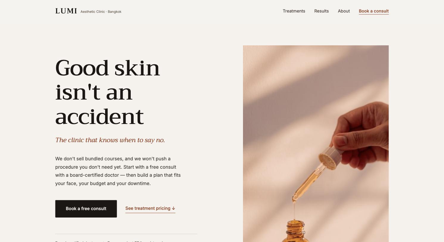 LUMI Clinic live page screenshot.
