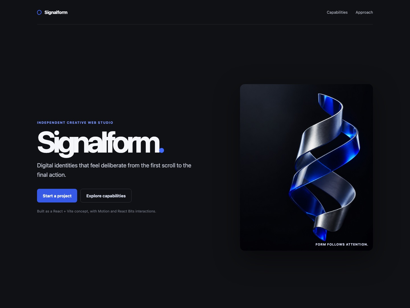 หน้าแรก Signalform Studio พร้อมข้อความ Signalform และภาพประติมากรรมริบบิ้นสีน้ำเงิน