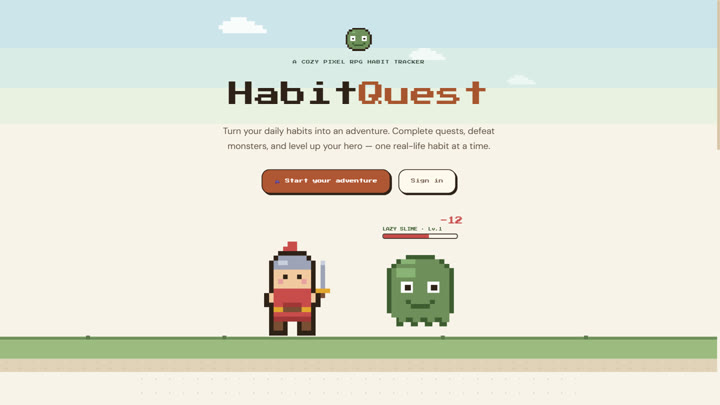 HabitQuest pixel RPG habit tracker landing screen